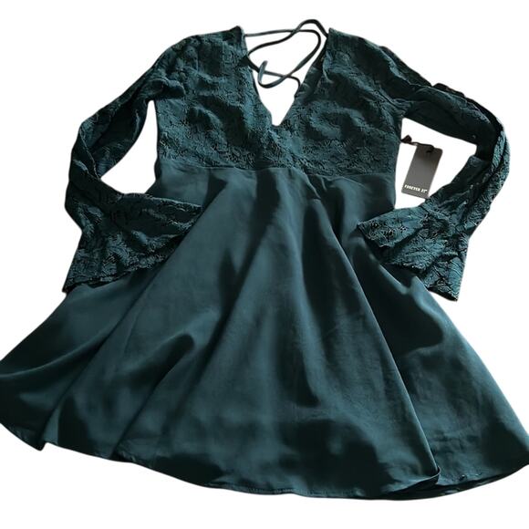 Forever 21  Dark Teal Special Occasion Dress Juniors Size Small Lace Long Sleeve - Picture 4 of 11